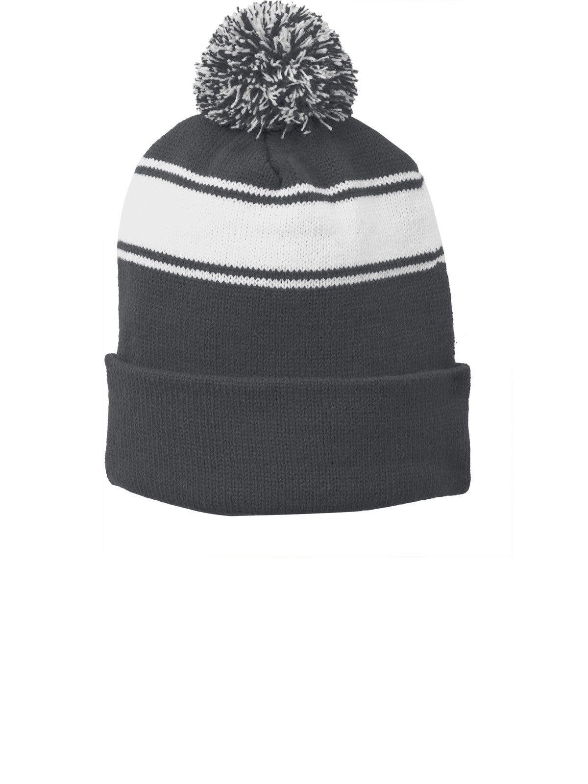 Unisex Stripe Pom Pom Beanie - STC28 - Iron Grey/White