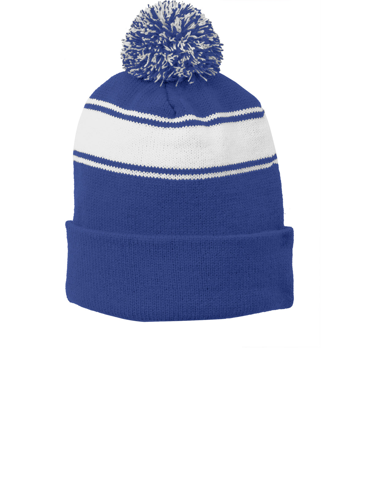 Unisex Stripe Pom Pom Beanie - STC28 - True Royal/White