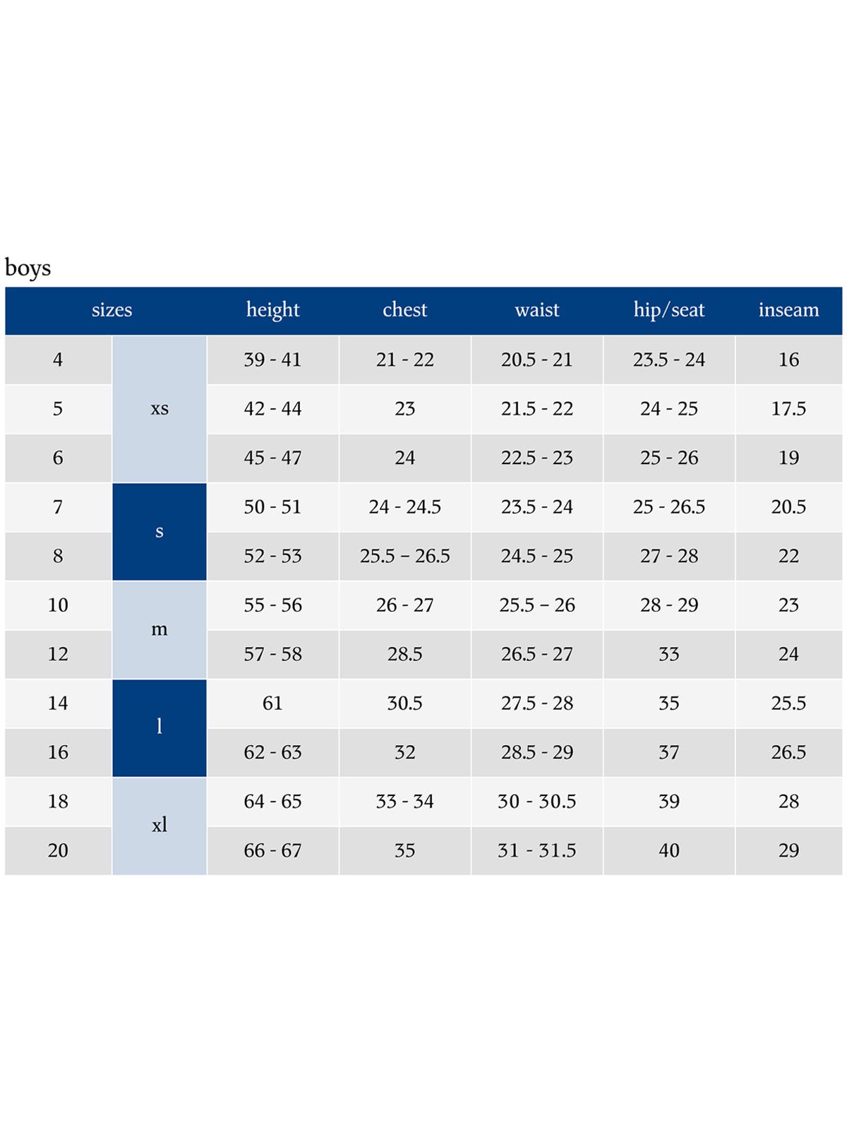 SIZECHART