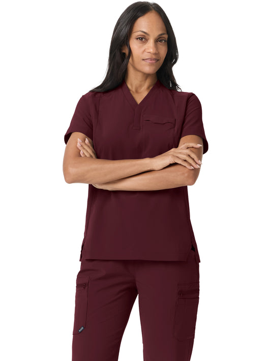 Women's One-Pocket Y-Neck Stetch Scrub Top - 7610060 - Burgundy