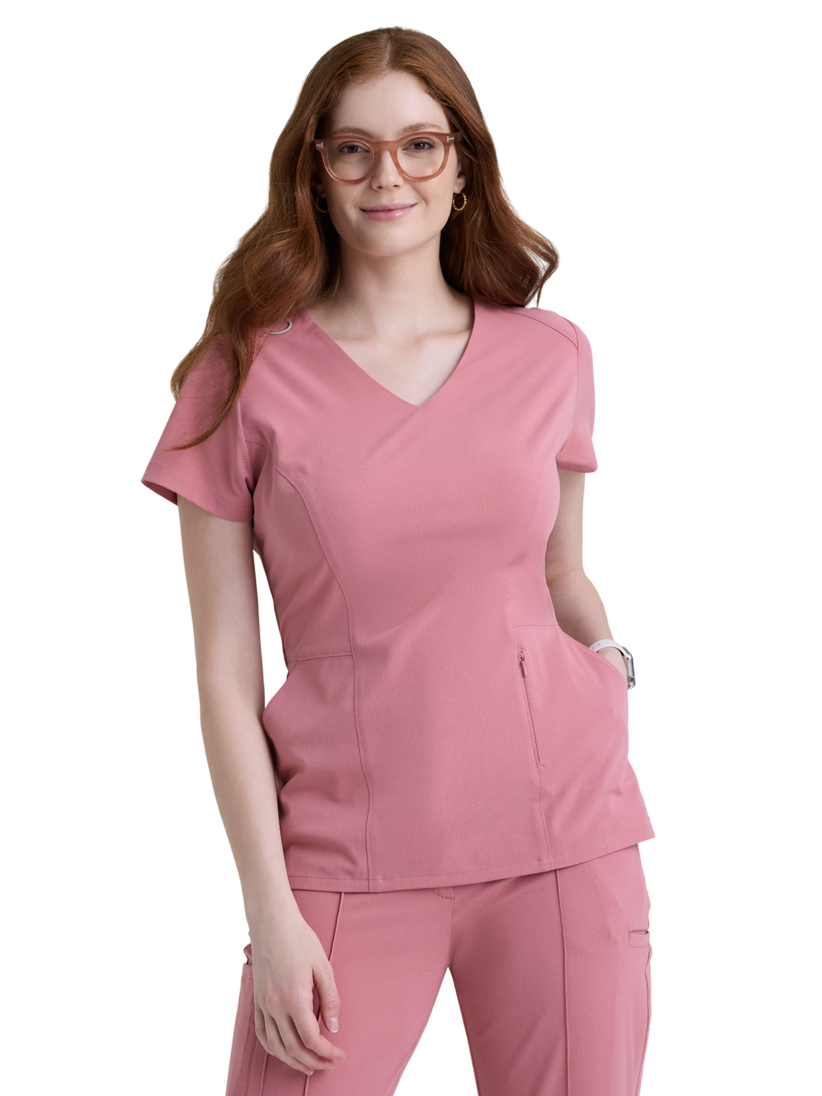 Women's Three-Pocket Spring V-Neck Top - GRGT309 - Rose Mauve