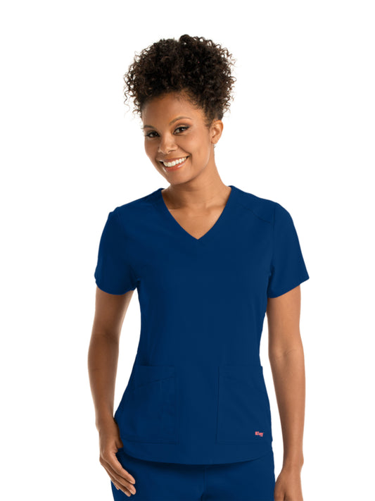 Women's Four-Pocket V-Neck Emma Scrub Top - GRST011 - Indigo (Navy)