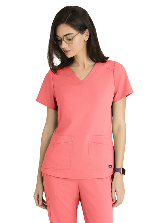 Women's Four-Pocket V-Neck Emma Scrub Top - GRST011 - Coral Bloom