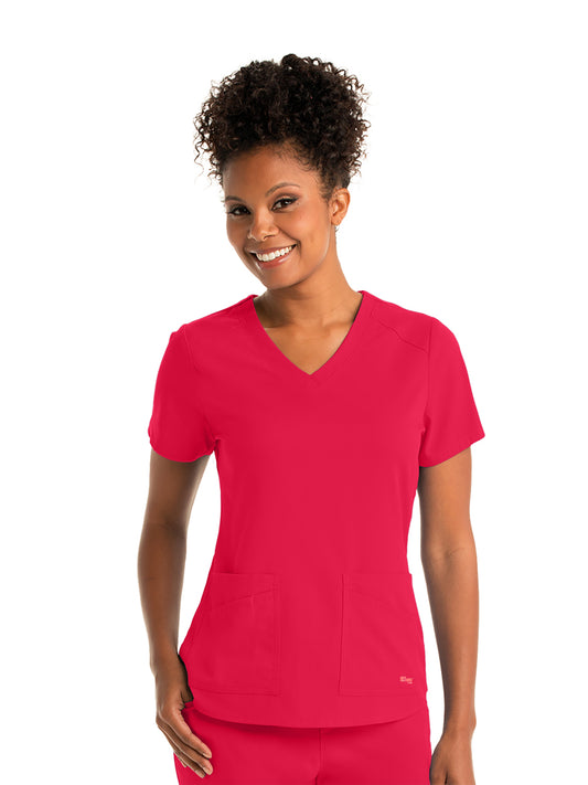 Women's Four-Pocket V-Neck Emma Scrub Top - GRST011 - Scarlet Red