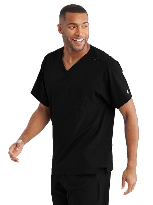 Men's One-Pocket V-Neck Structure Scrub Top - SK0112 - Black