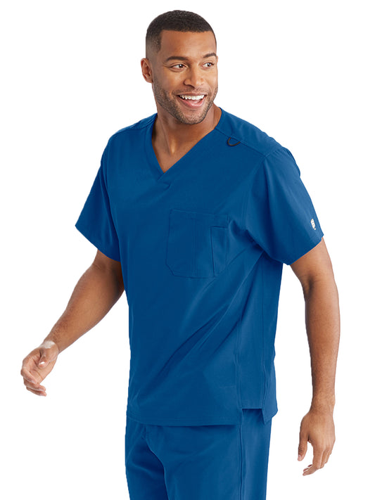Men's One-Pocket V-Neck Structure Scrub Top - SK0112 - New Royal