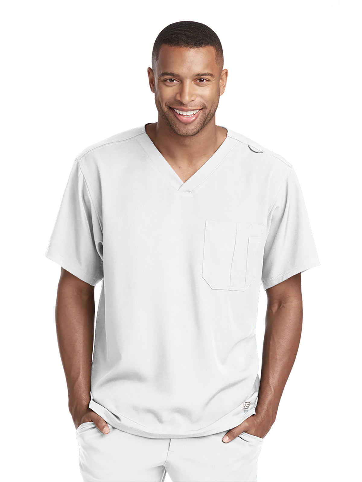 Men's One-Pocket V-Neck Structure Scrub Top - SK0112 - White