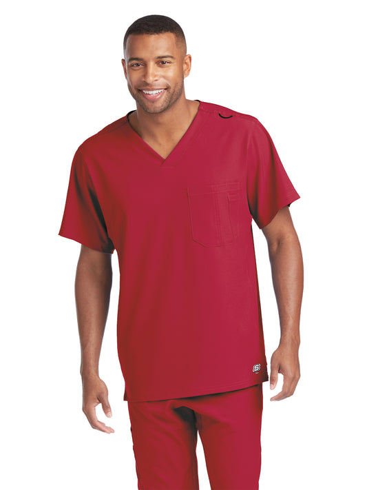 Men's One-Pocket V-Neck Structure Scrub Top - SK0112 - True Red