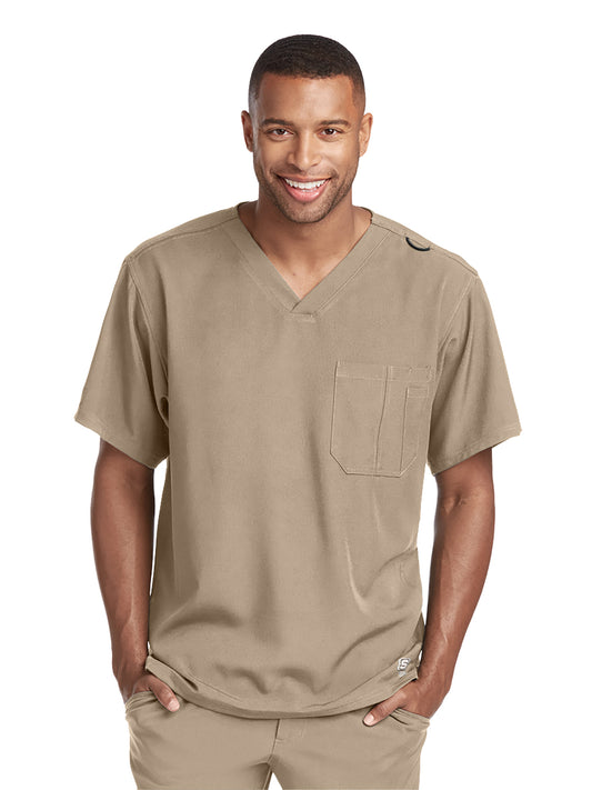 Men's One-Pocket V-Neck Structure Scrub Top - SK0112 - New Khaki