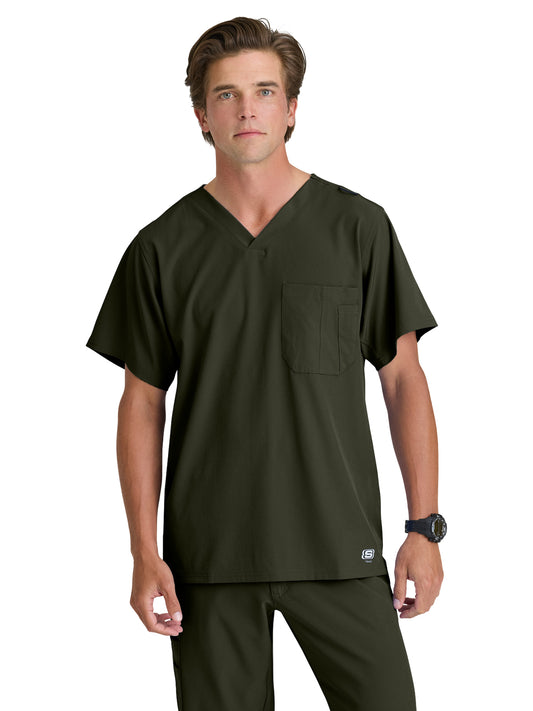 Men's One-Pocket V-Neck Structure Scrub Top - SK0112 - Olive