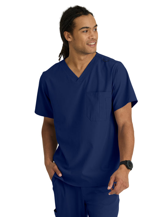Men's One-Pocket V-Neck Structure Scrub Top - SK0112 - Navy