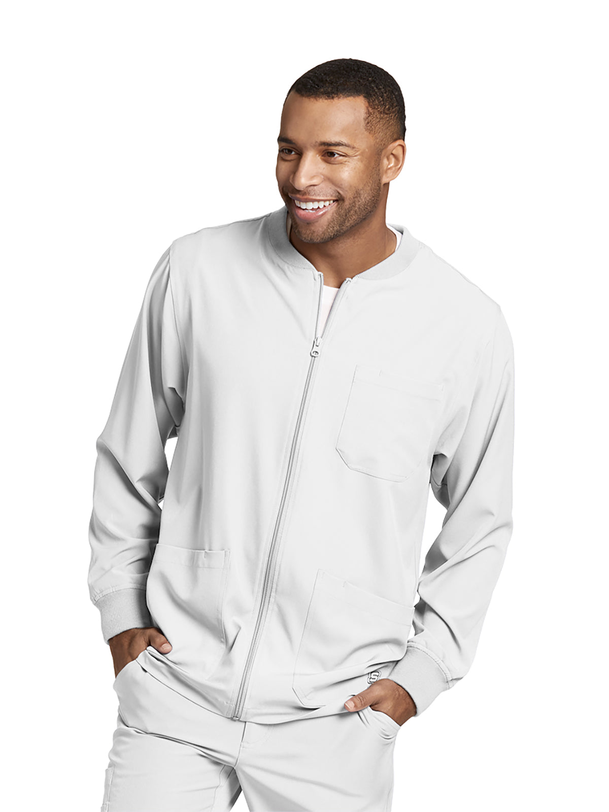 Men's Three-Pocket Zip-Up Structure Warm-Up Scrub Jacket - SK0408 - White