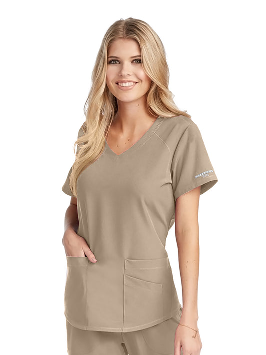 Women's Three-Pocket Curved V-Neck Breeze Scrub Top - SK101 - New Khaki