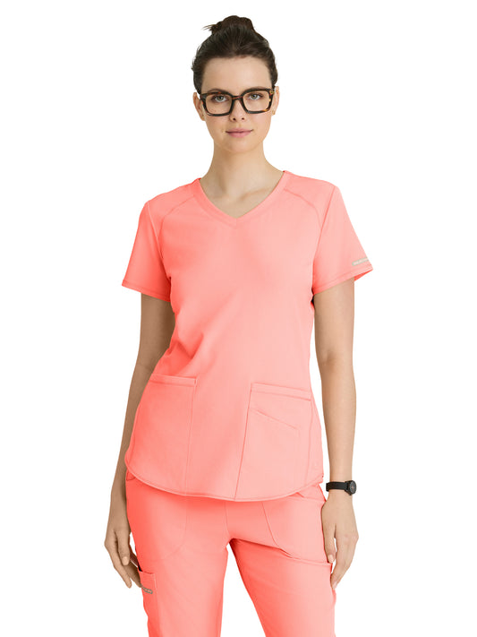 Women's Three-Pocket Curved V-Neck Breeze Scrub Top - SK101 - Coral Fizz