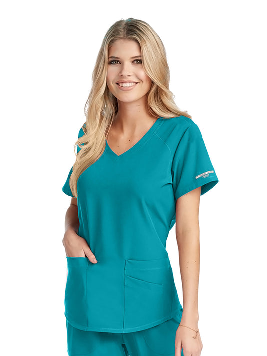 Women's Three-Pocket Curved V-Neck Breeze Scrub Top - SK101 - Teal