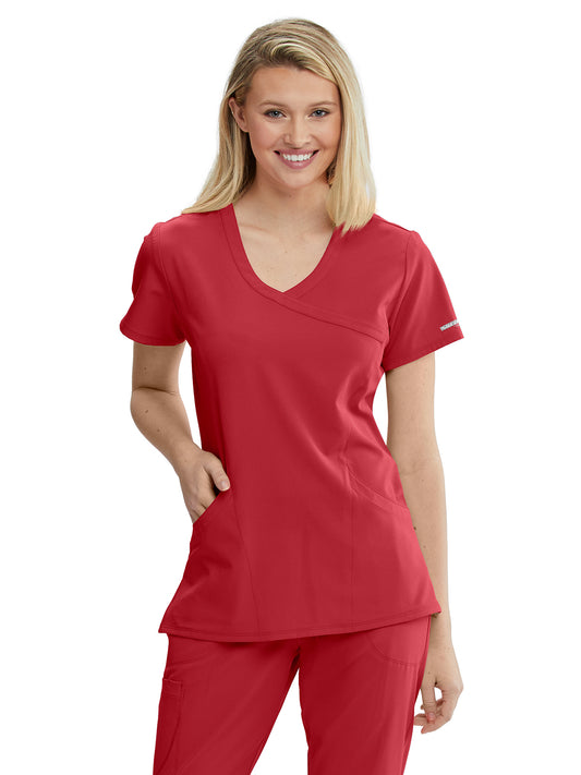 Women's Three-Pocket Crossover V-Neck Reliance Scrub Top - SK102 - True Red