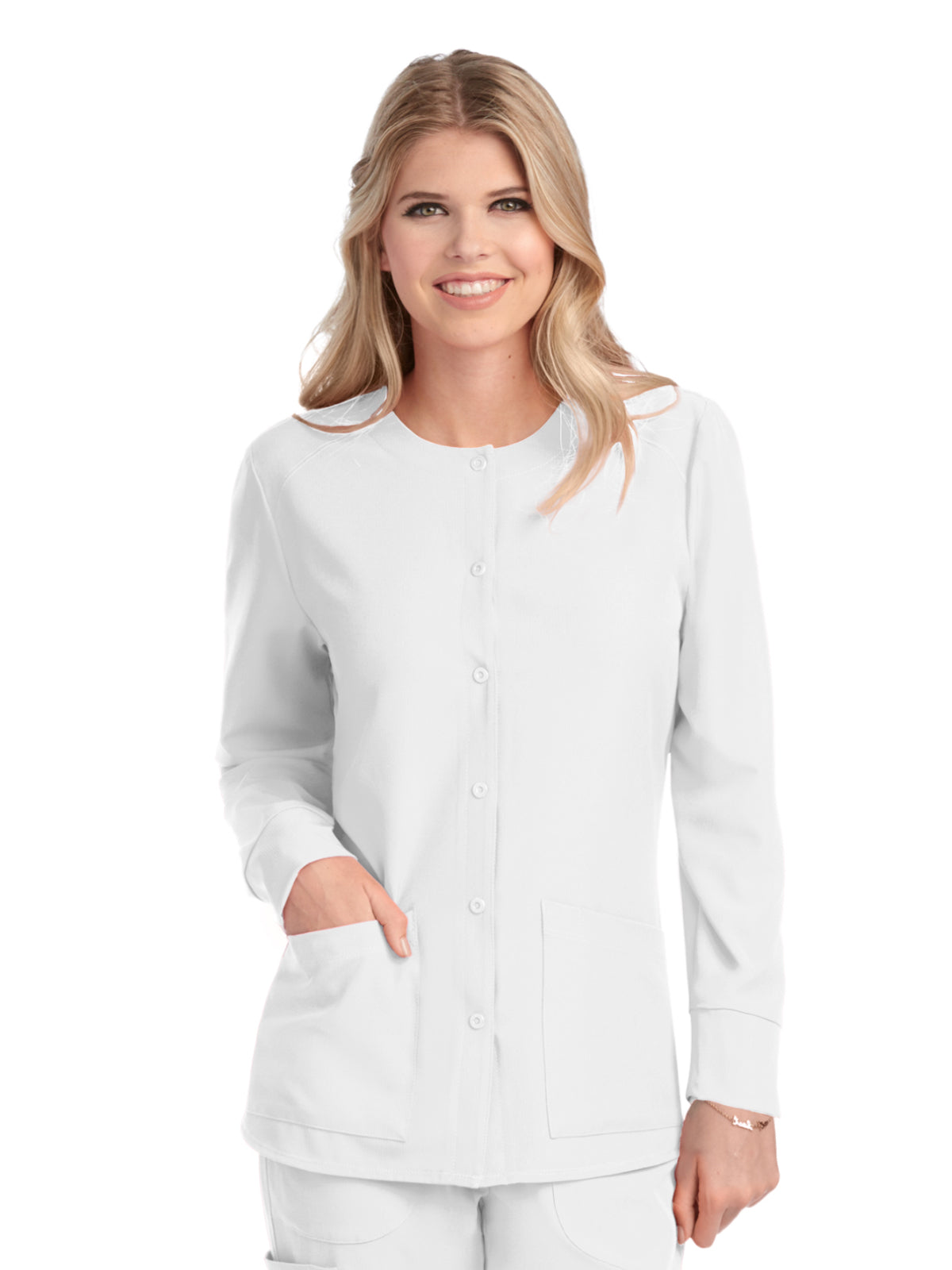 Women's Two-Pocket Snap-Front Stability Warm-Up Scrub Jacket - SK401 - White