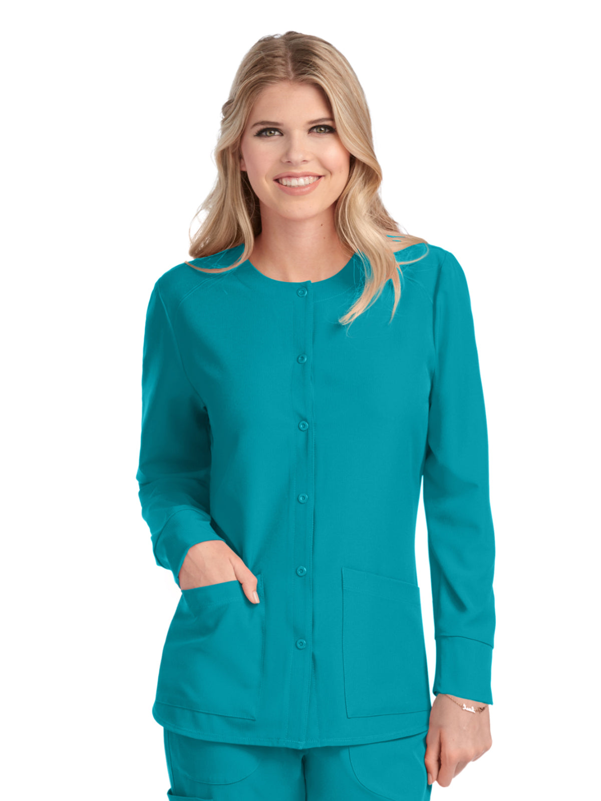 Women's Two-Pocket Snap-Front Stability Warm-Up Scrub Jacket - SK401 - Teal