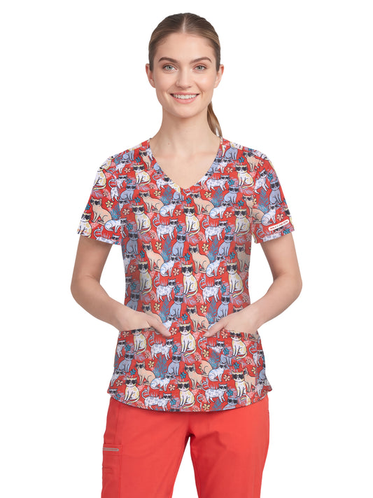 Women's Three-Pocket V-Neck Reliance Print Scrub Top - SKT021 - Resort Kitty