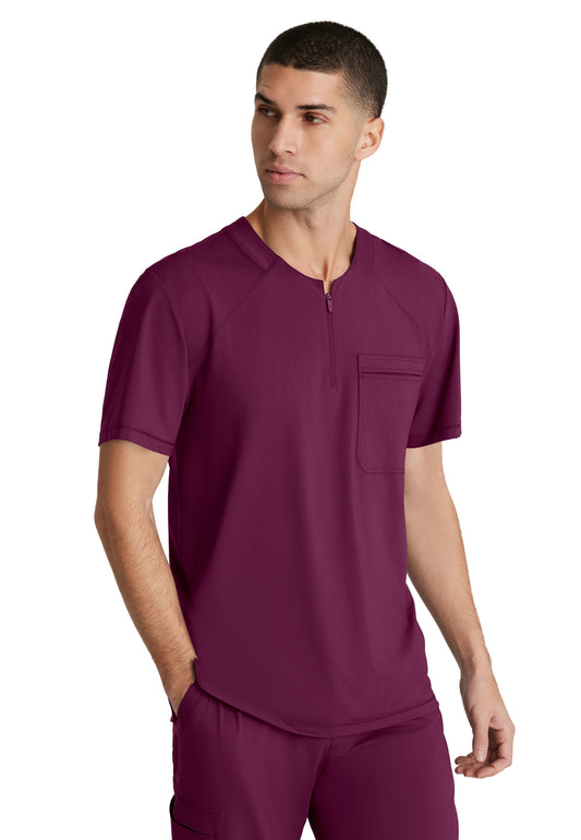 Men's One-Pocket Curved Neck Flex Scrub Top - SKT229 - Wine