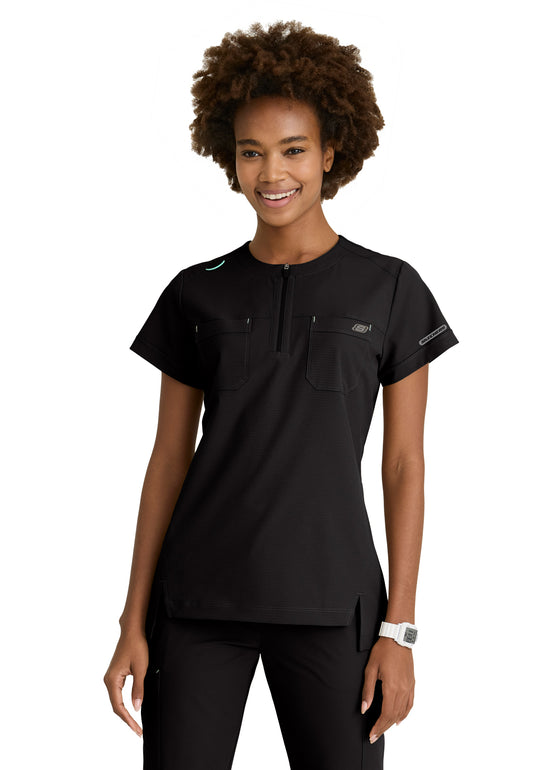 Women's Two-Pocket Round Neck Trek Scrub Top - SKT284 - Black