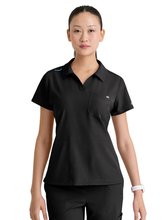 Women's Three Pocket Y-Neck Honor Scrub Top - SKT302 - Black