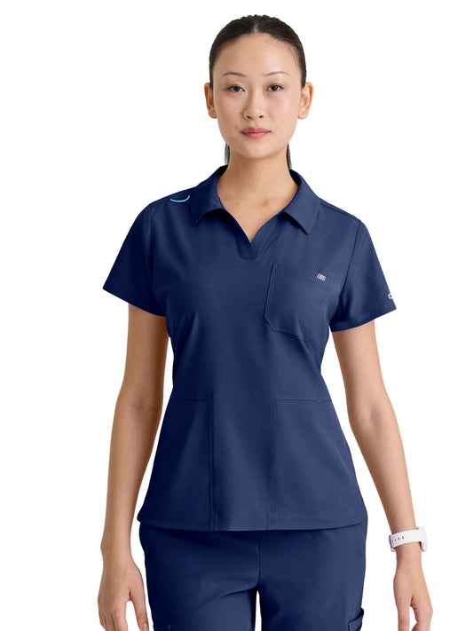 Women's Three Pocket Y-Neck Honor Scrub Top - SKT302 - Navy