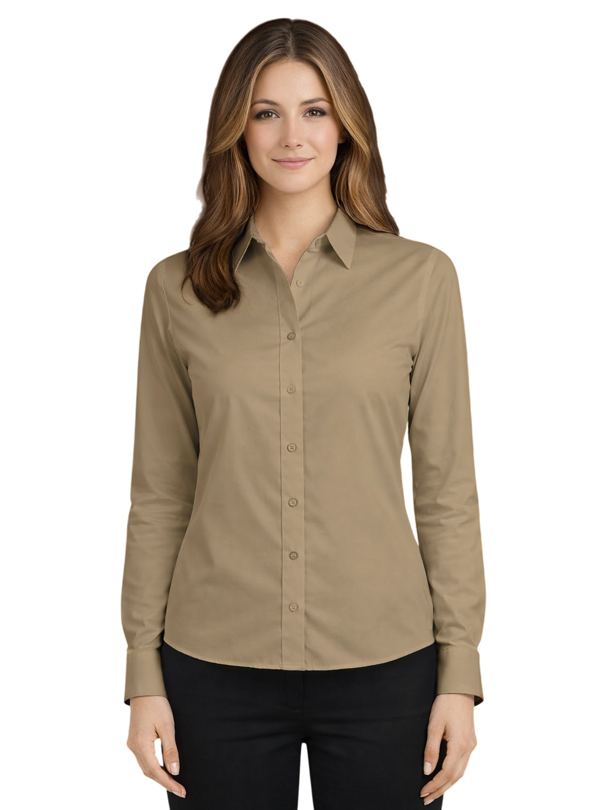 Women's Pocketless Long Sleeve Poplin Shirt - BG6210 - Tan