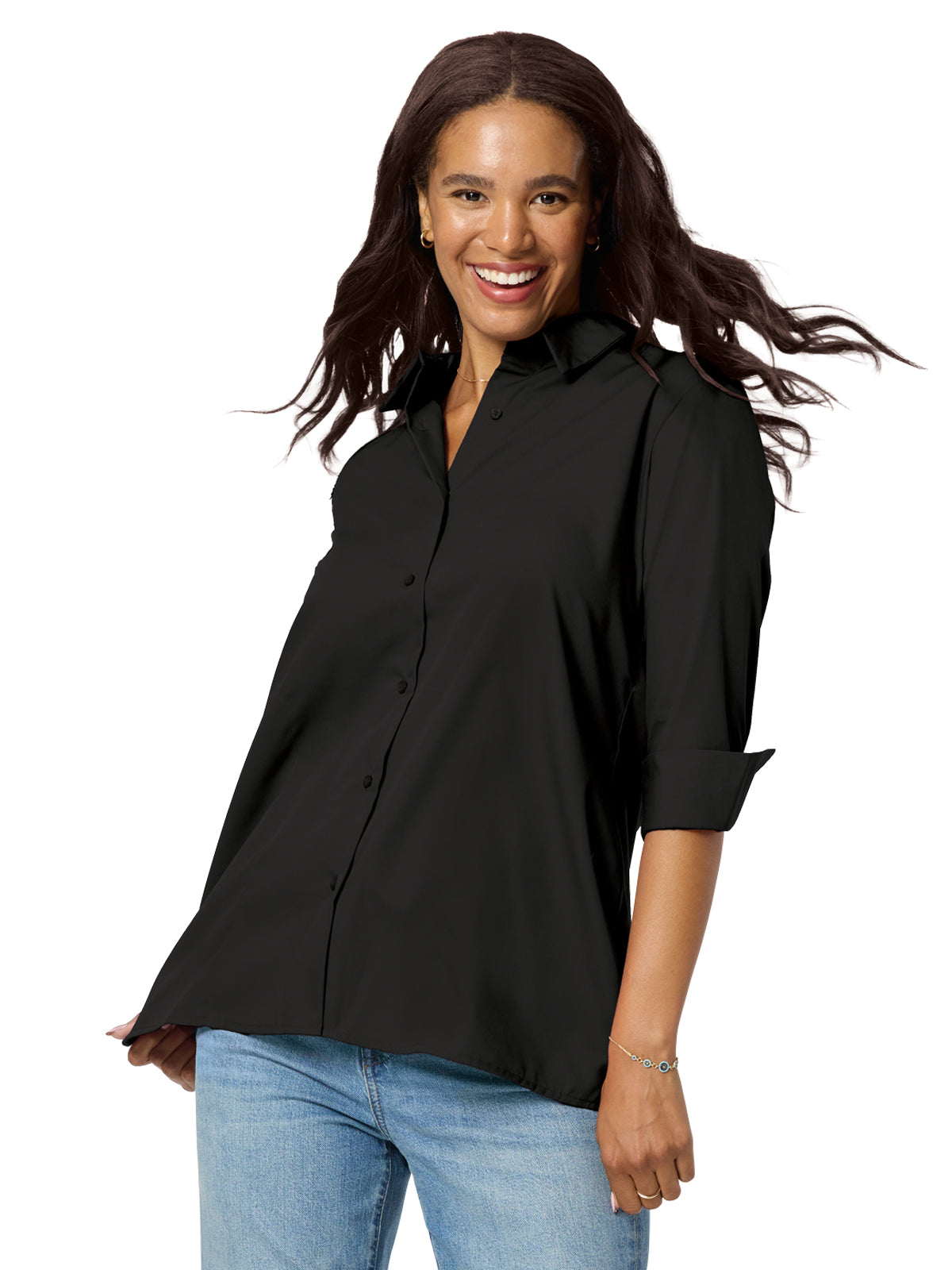 Women's Pocketless 3/4-Sleeve Poplin Swing Shirt - BG6261 - Black