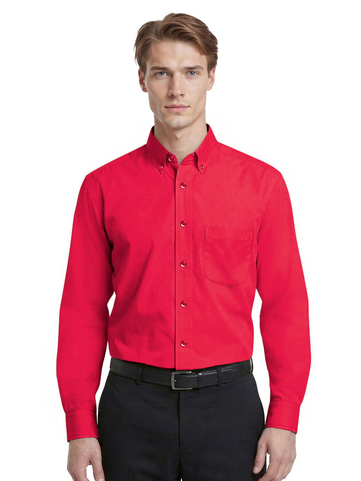 Men's 1-Pocket Matching Buttons Poplin Shirt - BG7266 - Red