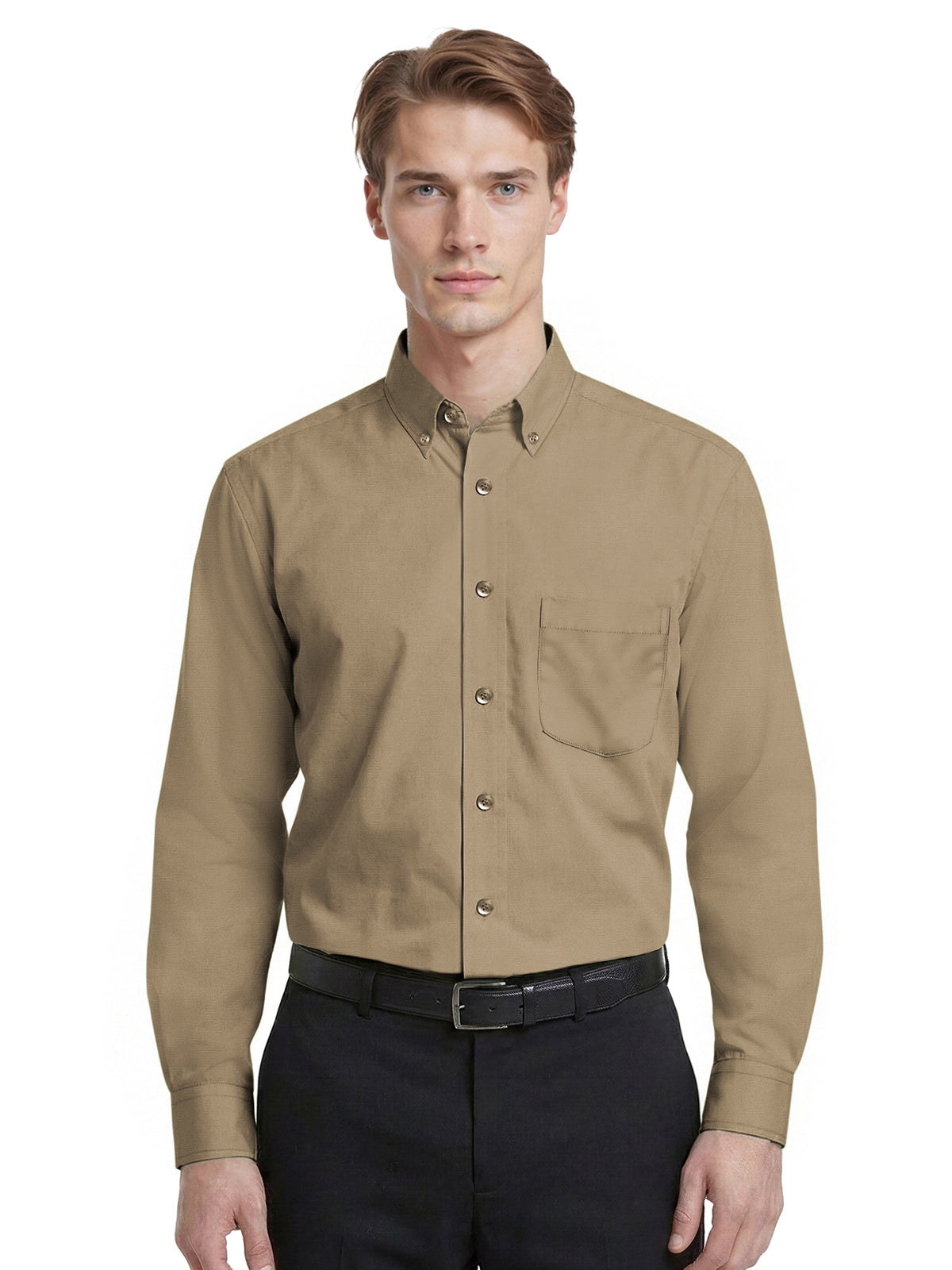 Men's 1-Pocket Matching Buttons Poplin Shirt - BG7266 - Tan