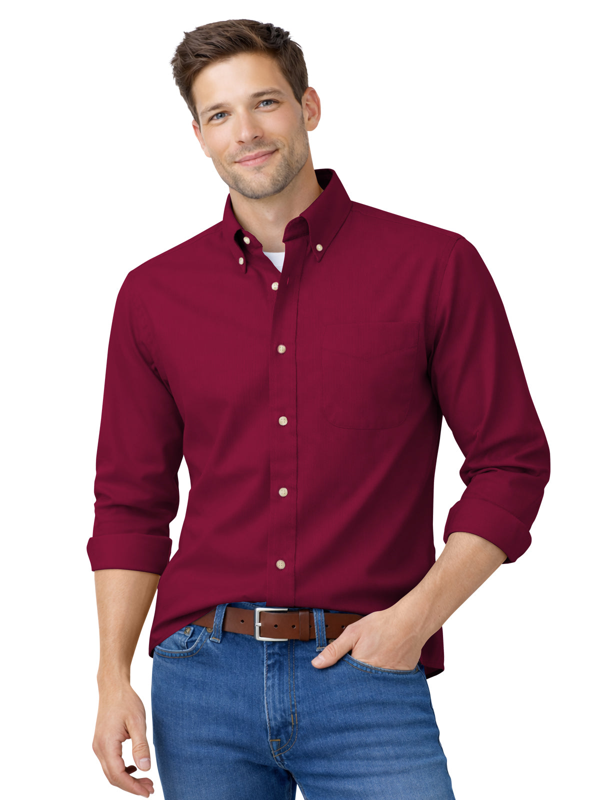 Men's 1-Pocket Cotton Twill Shirt - BG8213 - Burgundy