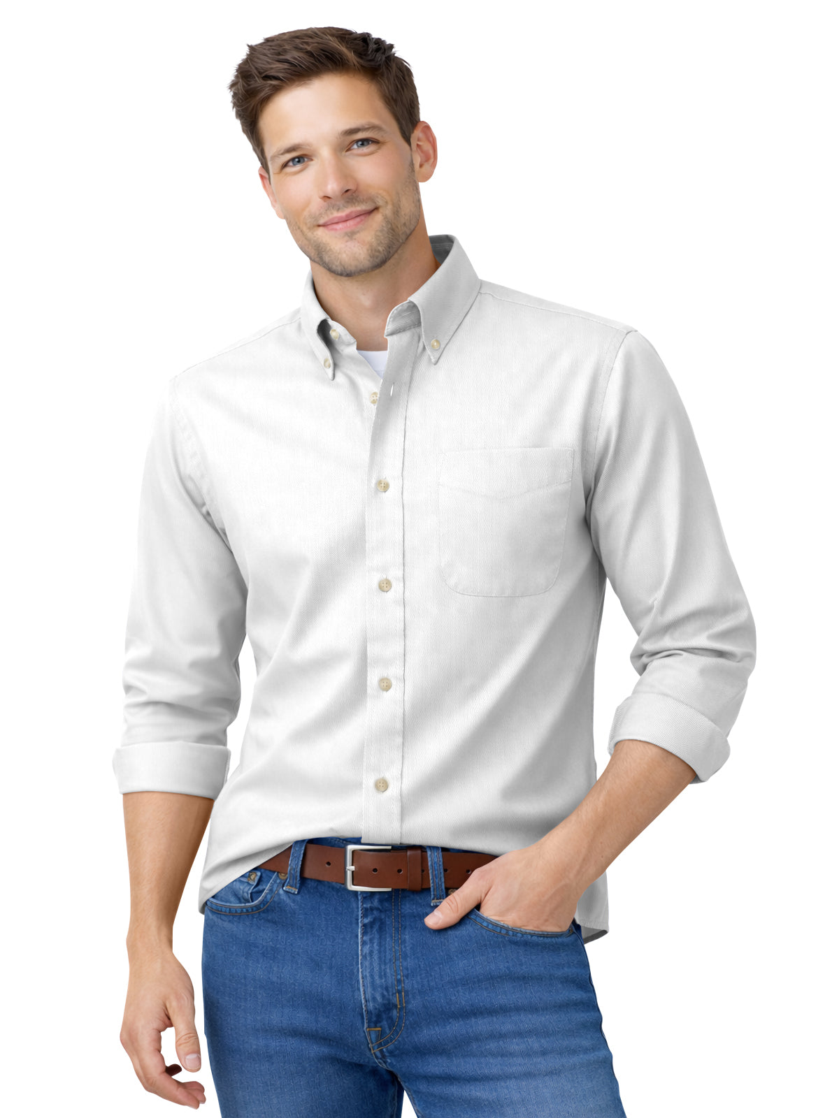 Men's 1-Pocket Cotton Twill Shirt - BG8213 - White
