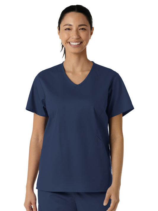 Women's Three-Pocket Curved V-Neck Top - 106 - Navy