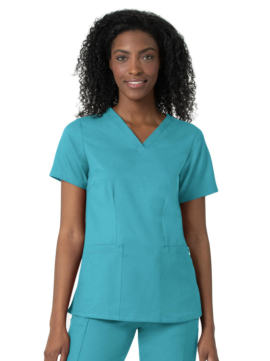 Women's Three-Pocket V-Neck Top - 6122 - Teal Blue