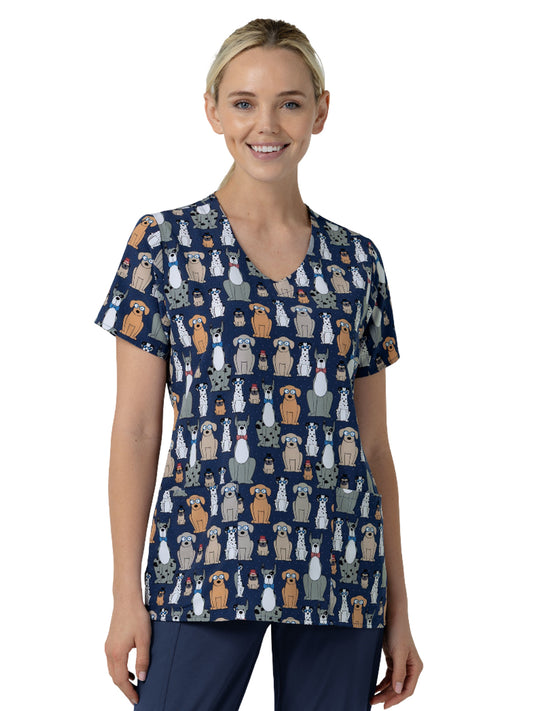 Women's V-Neck Print Scrub Top - 6147 - Buster and Tiny Navy