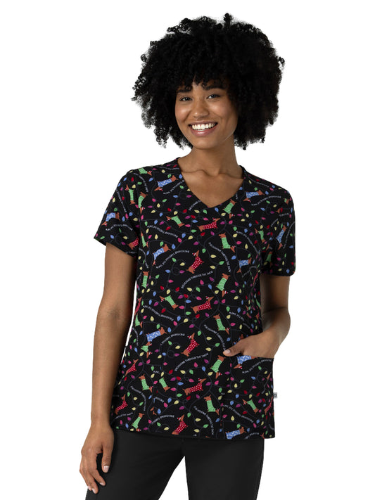 Women's V-Neck Print Scrub Top - 6147 - Deck the Dogs