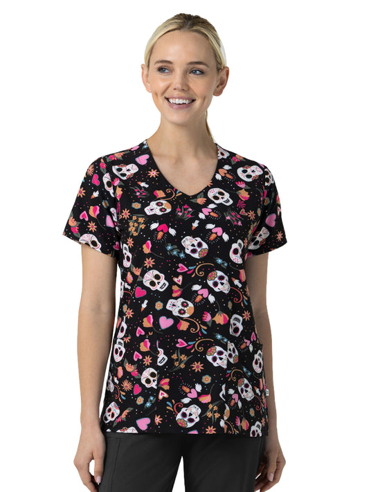 Women's V-Neck Print Scrub Top - 6147 - Sugar Skull Fiesta