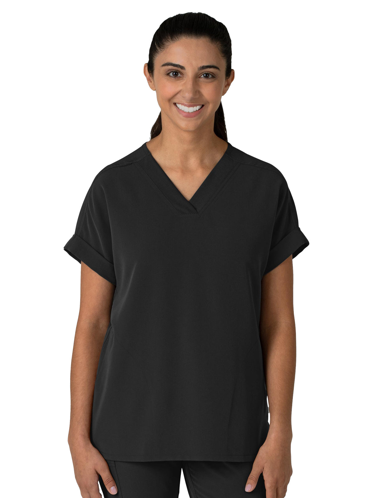 Women's Two-Pocket Drop Shoulder Boxy V-Neck Top - 6232 - Black