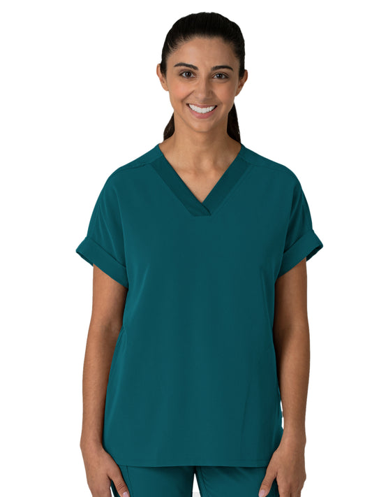 Women's Two-Pocket Drop Shoulder Boxy V-Neck Top - 6232 - Caribbean