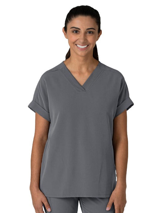 Women's Two-Pocket Drop Shoulder Boxy V-Neck Top - 6232 - Pewter