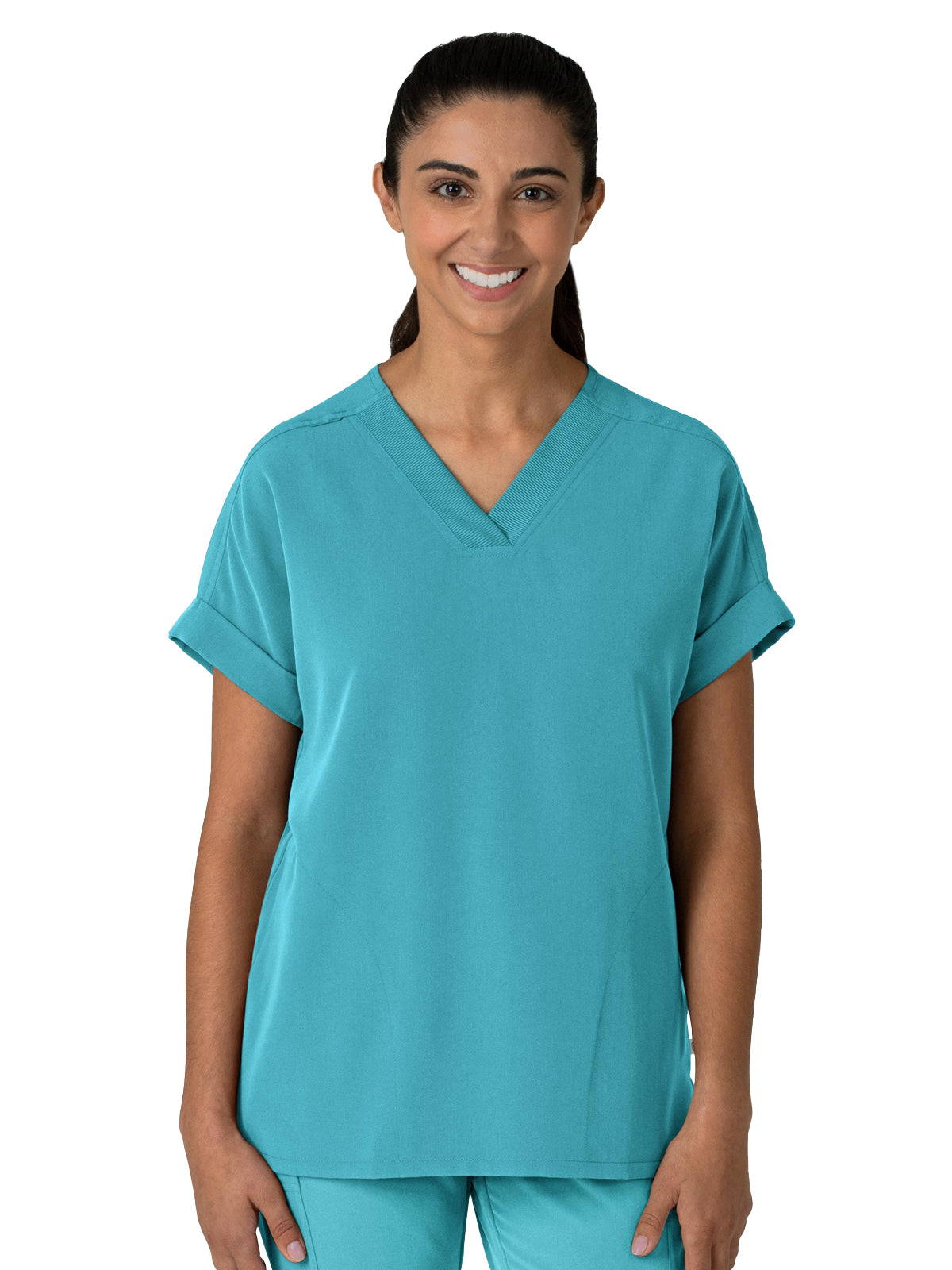 Women's Two-Pocket Drop Shoulder Boxy V-Neck Top - 6232 - Teal Blue