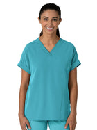 Women's Two-Pocket Drop Shoulder Boxy V-Neck Top - 6232 - Teal Blue