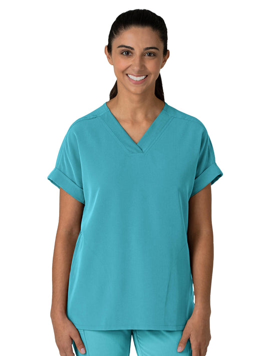 Women's Two-Pocket Drop Shoulder Boxy V-Neck Top - 6232 - Teal Blue