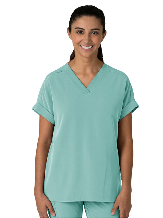 Women's Two-Pocket Drop Shoulder Boxy V-Neck Top - 6232 - Turquoise