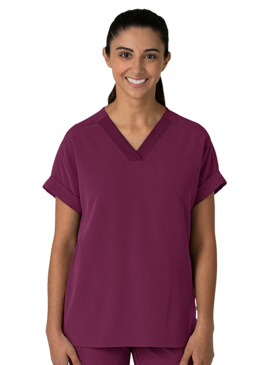 Women's Two-Pocket Drop Shoulder Boxy V-Neck Top - 6232 - Wine