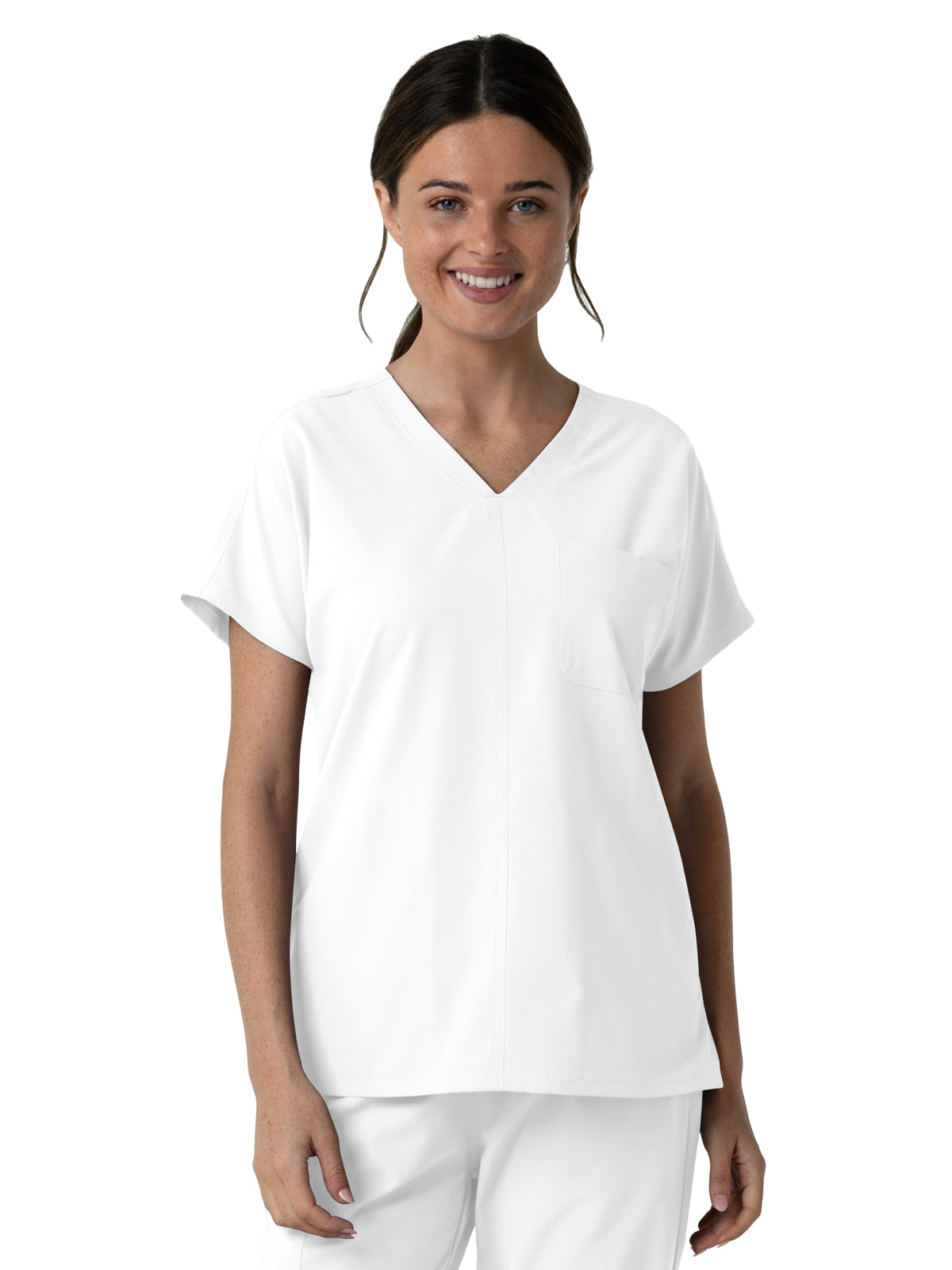 Women's Three-Pocket Drop Shoulder Tunic Scrub Top - 6280 - White