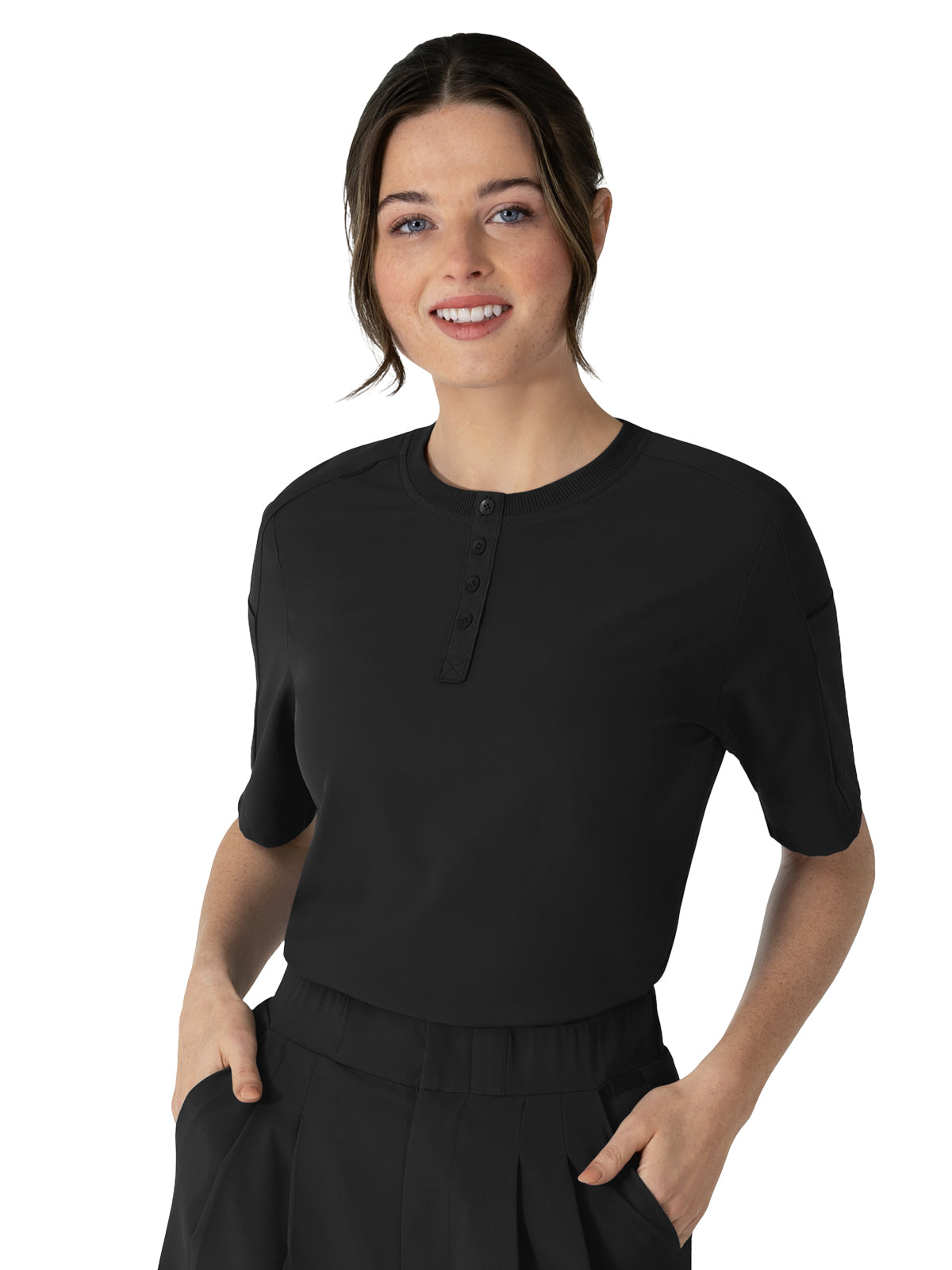 Women's Two-Pocket Tuck-In Henley Scrub Top - 6354 - Black