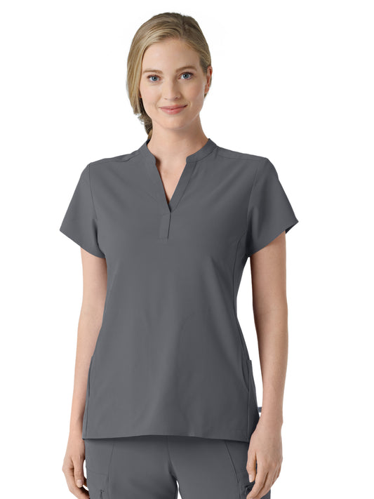 Women's Four-Pocket Mandarin Collar Top - 6734 - Pewter
