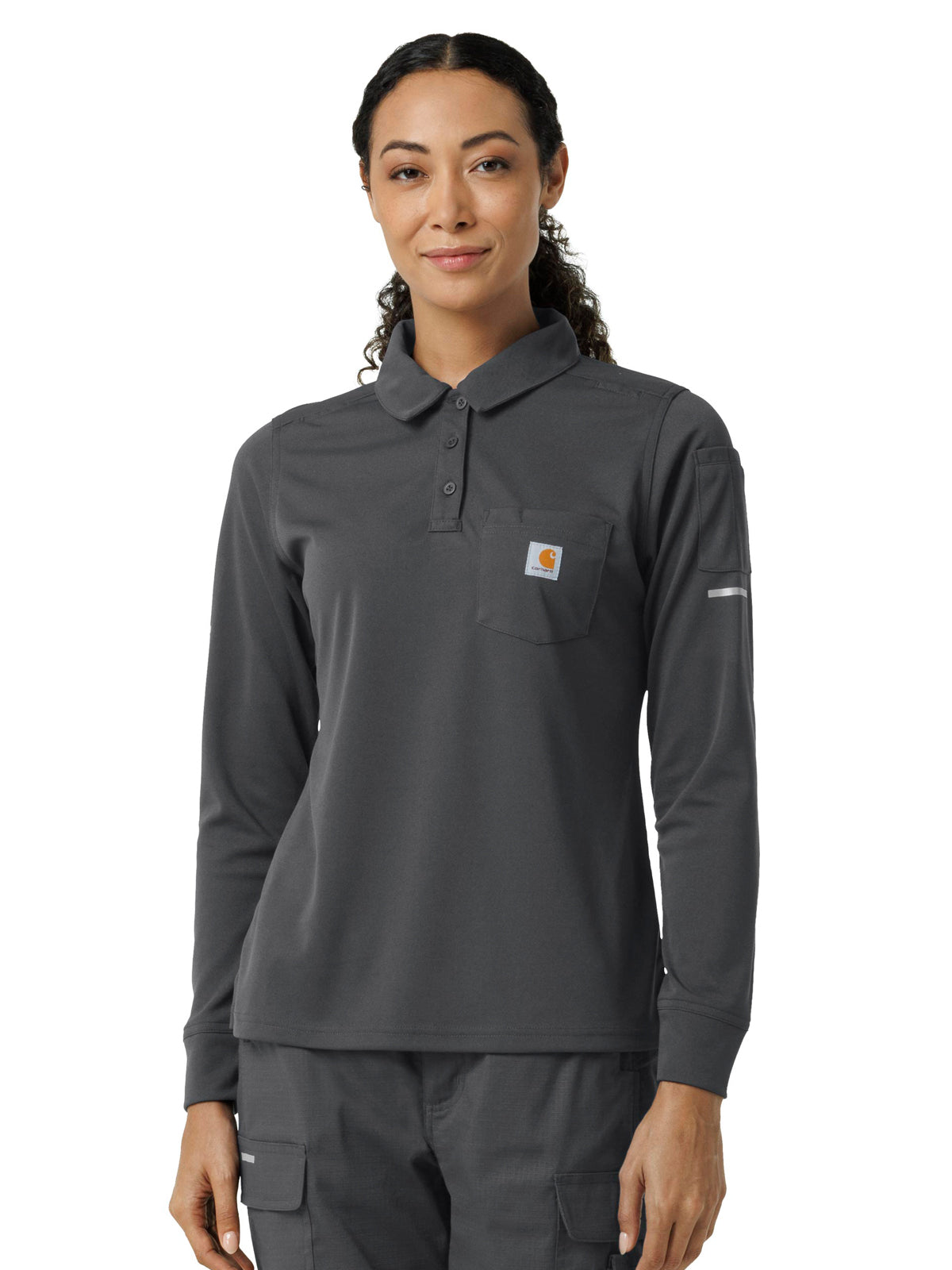 Women's Three-Pocket Heavyweight Long Sleeve Polo Scrub Top - C12129 - Pewter